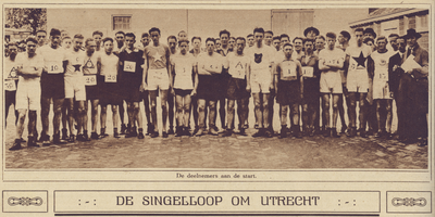870063 Groepsportret van de deelnemers aan de eerste Singelloop te Utrecht, voor de start van de wedstrijd, bij het ...
